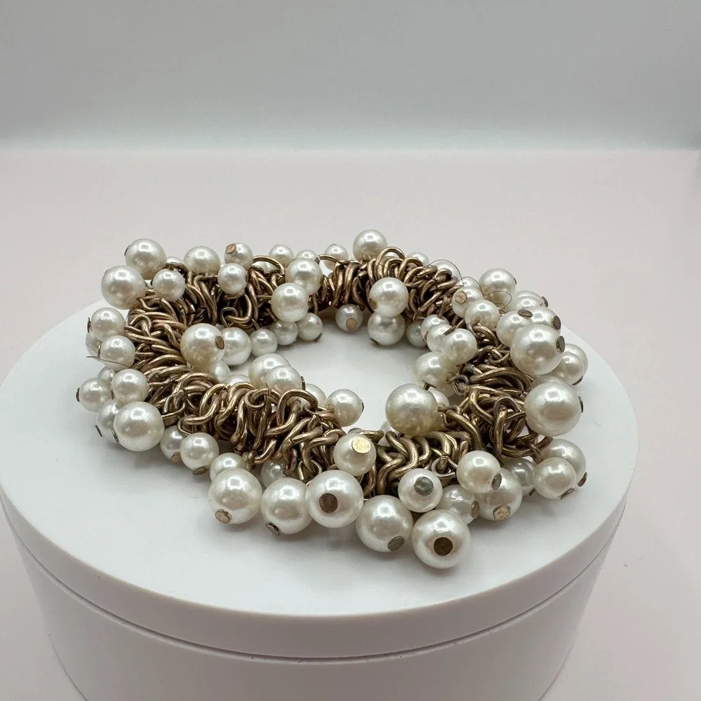 Vintage Gold Tone Faux Pearl Chunky Bracelet - Bridal Gift